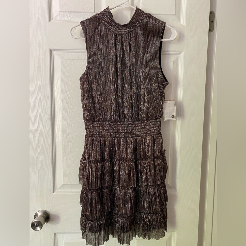 1 State Sleeveless High Neck Metellic Striped Plisse Tiered Dress